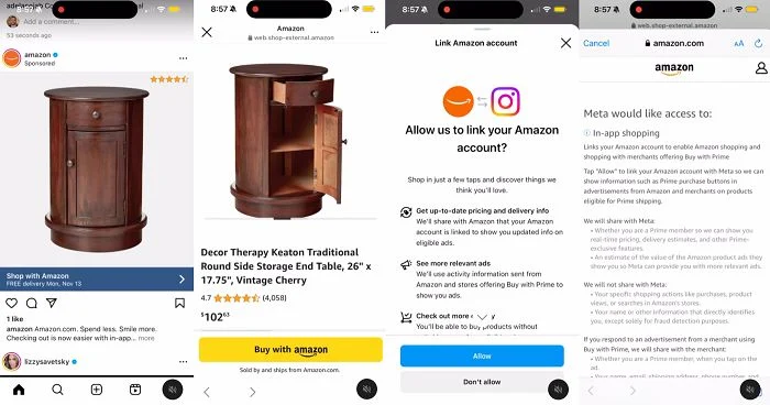 Il sera désormais possible de lier ses comptes Meta et Amazon pour acheter directement depuis le réseau social. Source : Socialmediatoday.